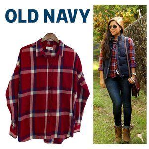 Old Navy Button Down Shirt Top Tunic Plaid 1X 16 18 Burgundy Red Blue